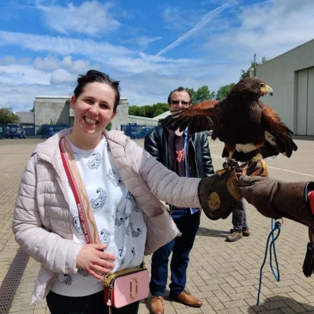 praxiscare's tweet photo. Our Mulhuddart Day Service team recently had the opportunity to explore the Baldonnel Aerodrome in Southwest Dublin. ☺️

The guys had a brilliant day &amp; a few were even brave enough to hold the resident falcon! 🤍 @HSELive 

#IntellectualDisabilityAwareness https://t.co/CyRxz3Ot6J