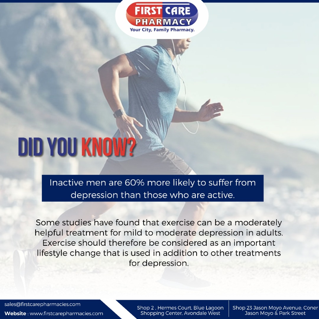fcpharmacies's tweet photo. Exercise can be a moderately helpful treatment for mild to moderate depression in adults. Exercise should therefore be considered as an important lifestyle change that is used in addition to other treatments for depression. 
#DidYouKnow
#HealthFacts
#mensmentalhealth https://t.co/2TE0CJC2gG