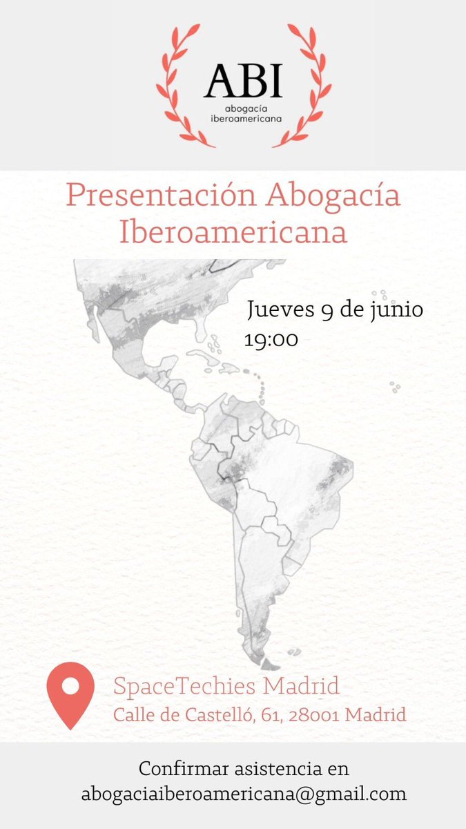 Nuestro acto de #presentacion, al que estáis todos invitados, tendrá lugar el Jueves 9 de Junio, a las 19:00 en SpaceTechies, os esperamos!! 

#AbogaciaIberoamericana #Iberoamerica #Abogacia