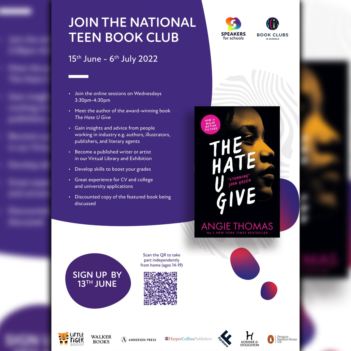 The #NationalTeenBookClub have an opportunity for students aged 14 - 19.
Over four weeks, young people will connect online from home for their weekly event every Wed, 3.30pm to 4.30pm. Their featured book is #TheHateUGive by Angie Thomas.

https://t.co/CrwFKwmbzy https://t.co/2X3N2FL0jG