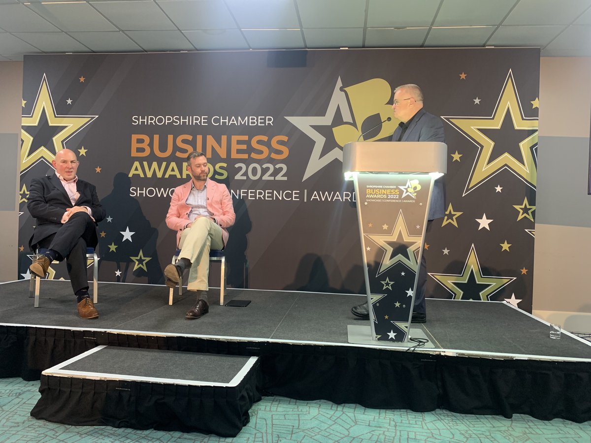 ShropsChamber's tweet photo. Our second panel debate of the day is under way!
Hosted once again by the marvellous Carl Jones, Jay Schofield from @GraingerWorrall and Richard Hinckley from @BridgesBeaver are discussing manufacturing and engineering.
#ShropshireChamber #PanelDebate https://t.co/7WGcAVplCk