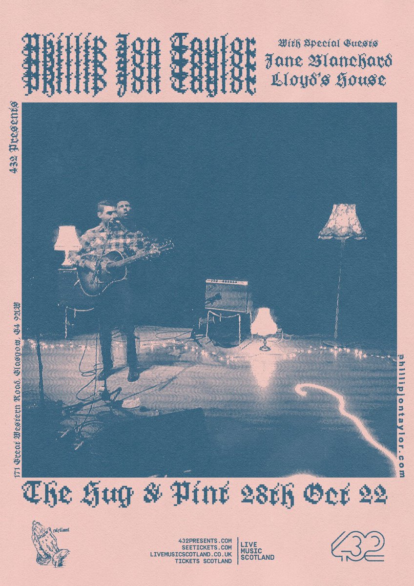 A Glasgow show with band! 

w/ v special guests <a href="/Jane_Blanchard_/">Jane Blanchard</a> + <a href="/lloyds_house/">Lloyd's House</a>!

Fri Oct 28th. Be great to see ye. 
<a href="/432presents/">432presents</a> // <a href="/thehugandpint/">The Hug and Pint</a> 
<a href="/wishfpress/">Wish Fulfillment Press</a> 🔮🎟

Tickets: thehugandpint.com/events/b8175e9…