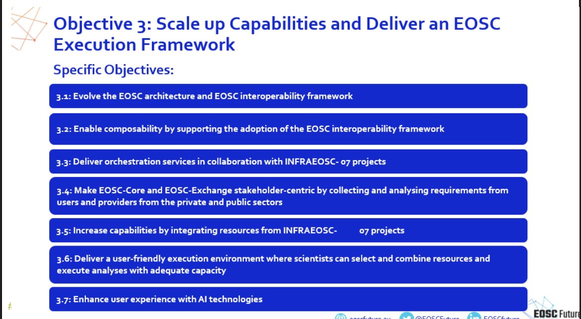 SusannaASansone's tweet photo. #ELIXIR22 @jtedds on @EOSCFuture at the heart of the #EOSCcore is the idea of an homogeneous user experience, complemented by #EOSCscienceclusters level services/resources (my comment; no services/resource is actually funded, but contribute voluntarily to *pilot* - not scalable) https://t.co/2PebJQaIyS