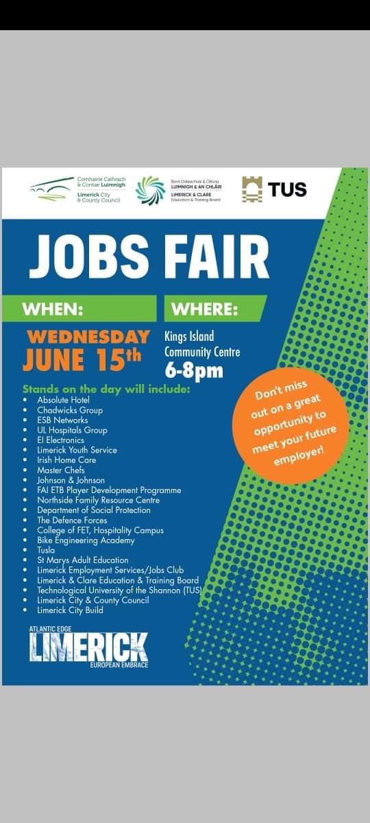The hugely successful Jobs Fair is coming to the King's Island Community Centre on Wednesday 15th June. Please LIKE and RETWEET <a href="/LimerickCouncil/">Limerick Council - Comhairle Luimnigh</a> <a href="/NorthsideFRC/">Northside FRC</a> <a href="/beehaych_/">B Hannan</a> <a href="/ASM_Limerick/">Ardscoil Mhuire</a> <a href="/stmunchins/">St Munchin's College</a> #JobsFair