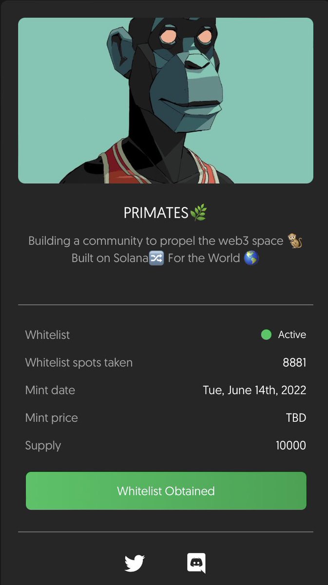 One of the best projects I think coming out and I got wl. Thank you <a href="/TheSADD50/">The SADD 50</a> and <a href="/bulba2323/">bulba</a> for the opportunities you give us! I seriously can’t thank you enough 🙌🙏 

<a href="/Primatesnft/">Primates🌿</a> is the play I’m looking most forward to 

#newNFTs #NFTs #NFTProject #Solana #SOL #SolanaNFT