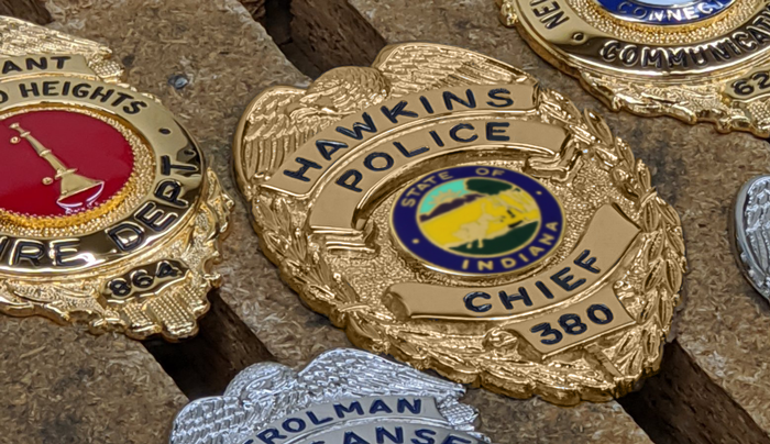 Blackinton's tweet photo. Keep your eyes peeled in season 4 of Stranger Things to see if Hopper makes his return to Hawkins! #strangerthings #policeBadge #Blackinton #AmericanMade #hopperstrangerthings https://t.co/ZiOkgkwgcg
