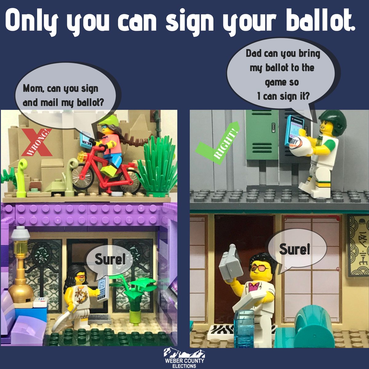 WeberElections's tweet photo. Did you know? That only you can sign your ballot? Signatures are compared with signatures on file. Non-matching signatures will receive a cure letter. 
#weberelections #LEGO #LEGOmemes #signyourballot #utahvotesbymail #votebymail #voter #beavoter  #elections https://t.co/dLzUXBlLMD