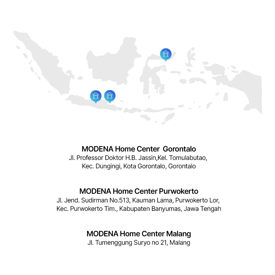 Tepat hari ini, 8 Juni 2022, MODENA Indonesia membuka cabang MODENA Home Center di 3 kota secara serentak di Malang, Gorontalo &amp; Purwokerto!

Penawaran menarik potongan hingga 45% serta gratis hadiah untuk setiap pembelian.

S&amp;K berlaku.

#MODENA
#MODENAHomeCenter