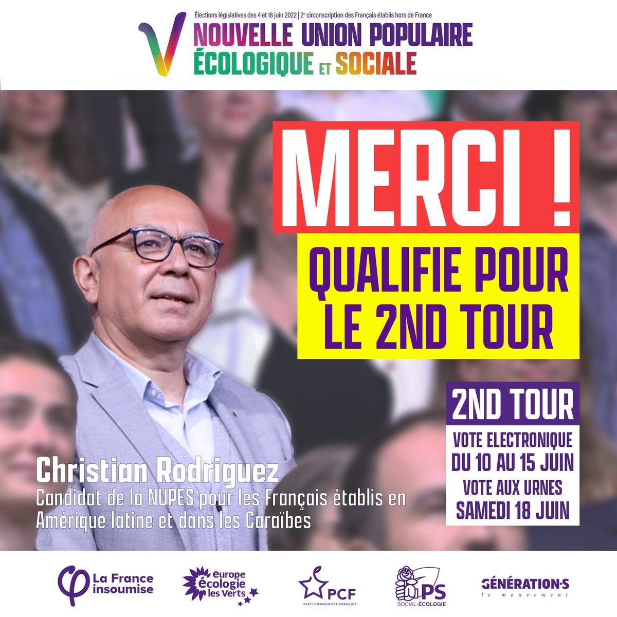 PikadilXd's tweet photo. Candidat aux #legislatives2022 de la 2ème circonscription des Français de l'étranger du #NUPES : Christian Rodriguez ! #ExtCirco02
Il est au second tour !
#NUPSE #Twitter : @christianpdg @TimVLaurence
Christian Rodriguez : candidat dans la 2e circo https://t.co/0ftj3qjPtE https://t.co/9vGQIM4y5h