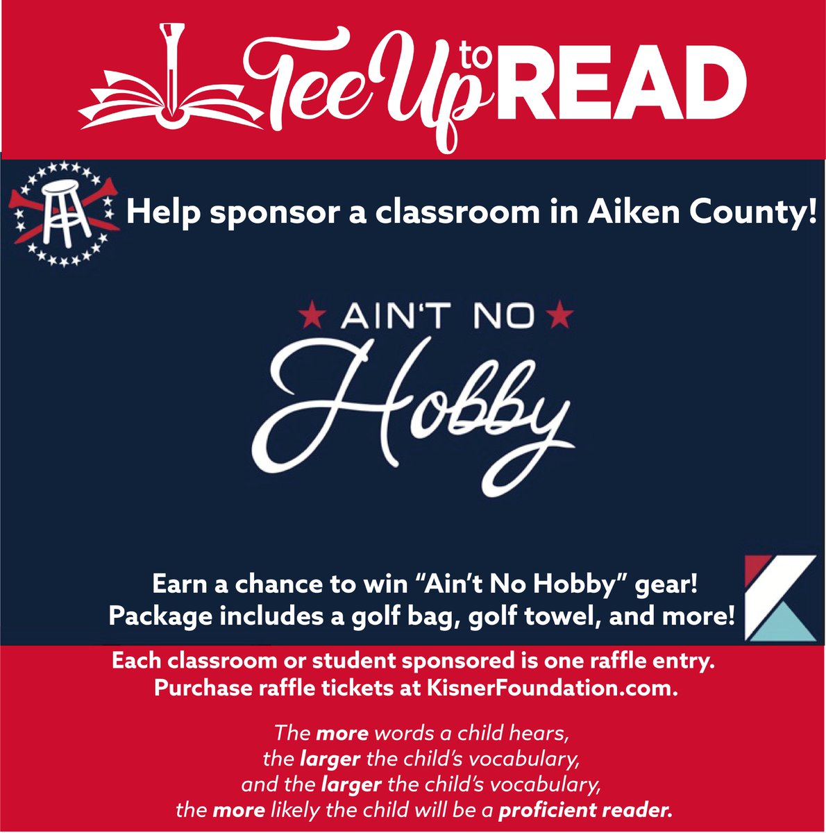 Sponsor a classroom or student in Aiken County and your donation will go towards providing all 4K students and teachers with a year full of books! Each class or student sponsored equals one raffle entry. kisnerfoundation.com/donate-to-tee-…