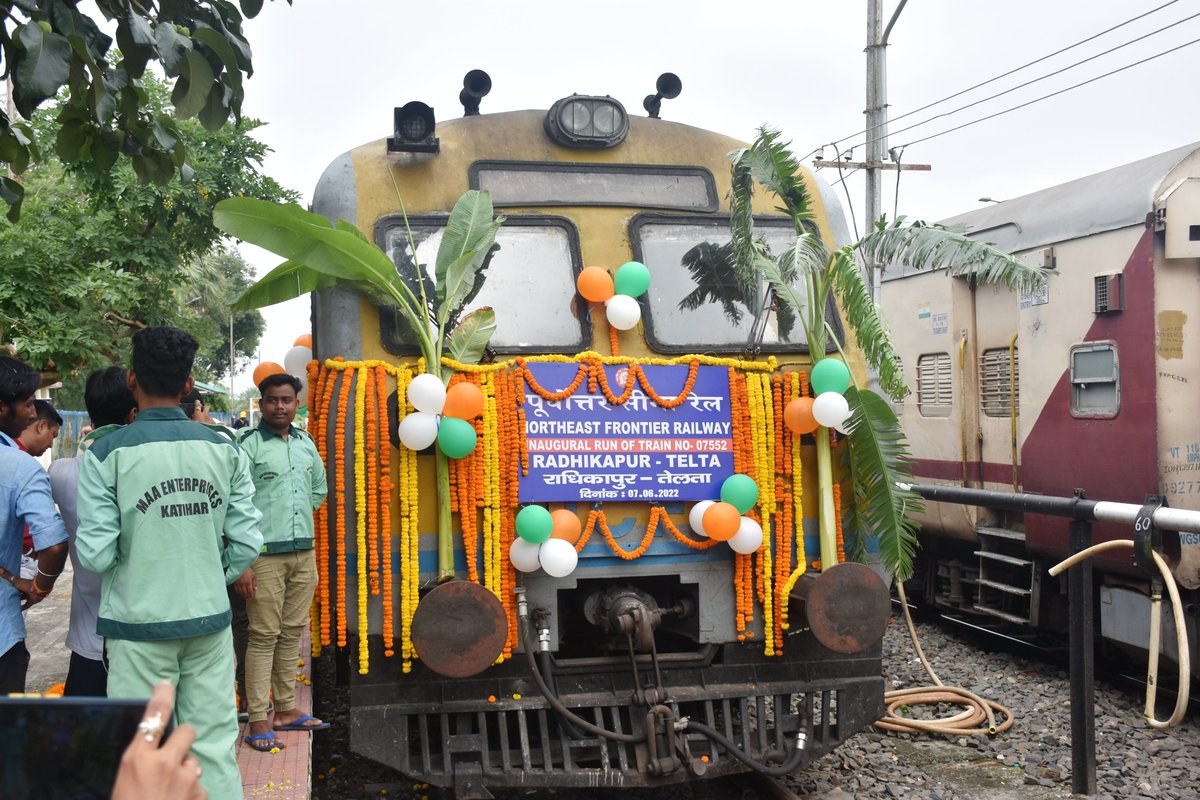 drm_kir's tweet photo. Inauguration of Train NO-07552 Radhikapur-Telta DMU Special was done by Hon'ble MP/RGJ Ms Debasree Chaudhuri &amp; Hon'ble MP/KIR Sri Dulal Chandra Goswami in presence of DRM/KIR along with other senior officials at Radhikapur Railway Station. https://t.co/UIgo8vZ2bd