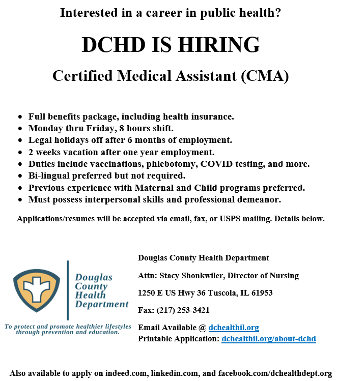 DOUGLASCOHEALTH's tweet photo. Interested in a career in public health?

DCHD is hiring!

We are currently looking to hire a full-time Certified Medical Assistant (CMA) to join our growing Nursing Department. 🩹💉

Apply today on Facebook, Indeed, LinkedIn, or one of the other forms listed!😁 https://t.co/SEmLq1c9Cq