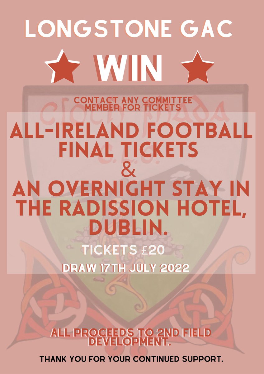 ⭐️W I N ⭐️

Two All-Ireland Football Final Tickets &amp; an over night stay at Radisson Hotel, Dublin 🎉

Tickets cost £20 each are available from any committee member 🎟

All proceeds go to our New Field Development 🔴🏐

Draw takes place on July 17th 2022.