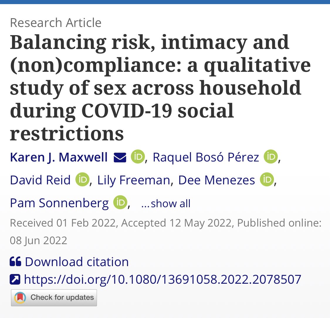 Our new #natsalcovid paper is out in @journal_chs today 🎉🎉. Read it to find out more about how people navigated sex and intimacy during the #COVID19 pandemic. Full paper here ➡️ tandfonline.com/doi/full/10.10…