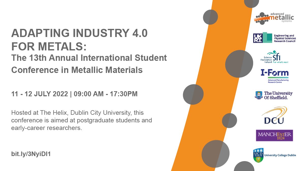 MetallicsCDT's tweet photo. 🚨 Calling all #materials students! 🚨
The 13th Annual International Student Conference in Metallic Materials is being hosted in Dublin 11 - 12 July 2022.
Register here: https://t.co/Clz5nE8x98
@DCU @msesheffield @uom_mecd @UoMMaterials @ucddublin @scienceirel @DCUEngineering https://t.co/bLLrrY5OOC