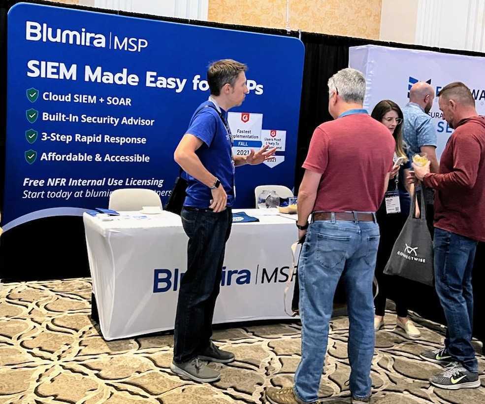 blumirasec's tweet photo. It’s the last day of @TheITNation — have you gotten your free Blumira t-shirt yet? Stop by Booth #602 and chat with Jeremy Young, Chris Furner, and Helen Leonard about how @blumirasec is making #SIEM easy for MSPs.
#ITNSecure22 #itnation #channelpartners #msp @ConnectWise https://t.co/1DMNx6sHJb