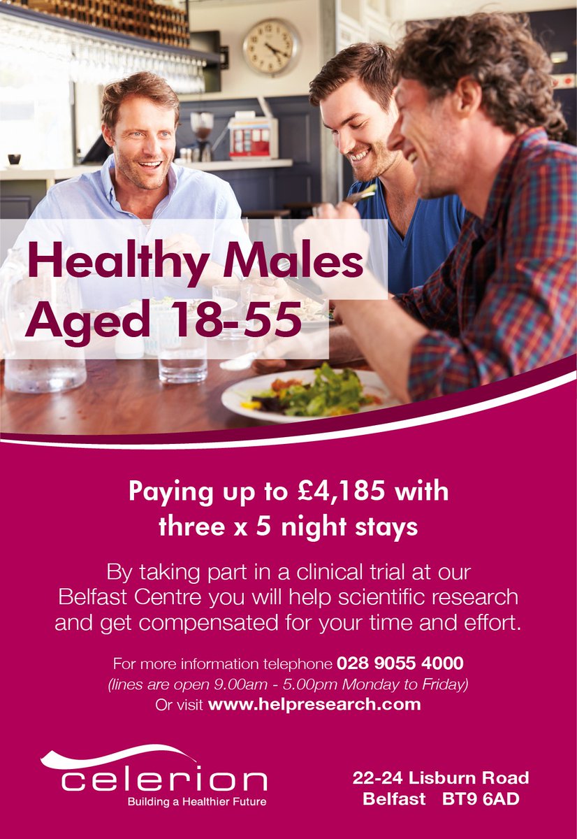 Celerion_BFS's tweet photo. Earn up to £4,185 and help medical research by participating in a clinical trial staying for 3 x 5 nights in our clinic. Phone 02890554000 to find out more details https://t.co/6DurAWG1F4