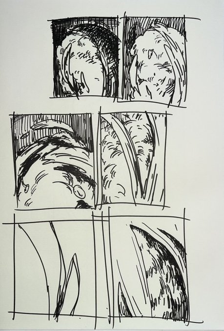 この頃のエスキースを見るとまるで漫画か絵コンテみたいだな。この時は一枚一枚描いて増えていってただけで、そういう意識は全く無かった。 