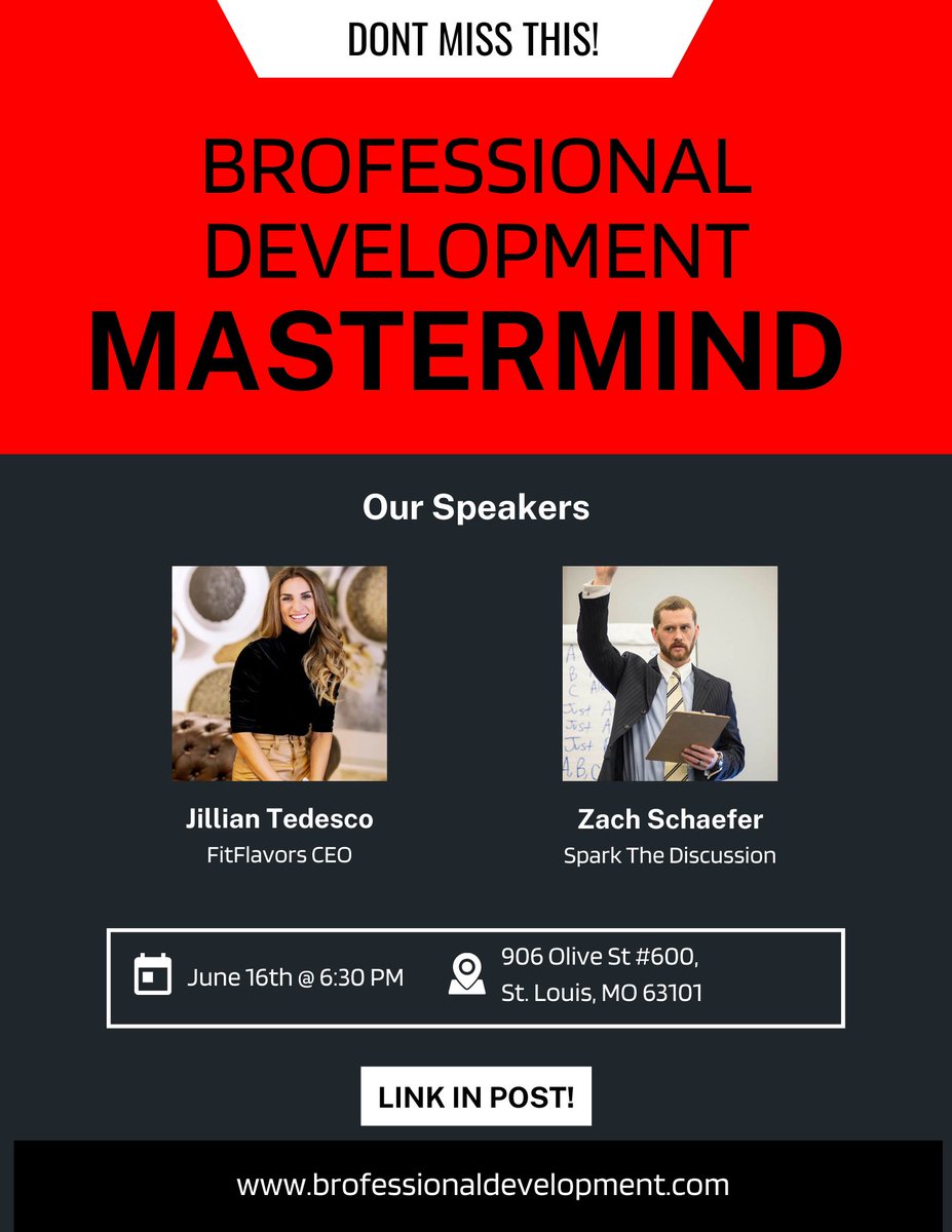 BrofessionalD's tweet photo. Do not miss our event next week! We have two great guest speakers lined up! @JillianTedesco and @SparkSolver 
.
Sign up to attend Here: https://t.co/yg8eGsscsu
.
#mastermind #stl #stlmade #networking #stlnetworking #Entrepreneur #SmallBusiness https://t.co/RjLYBurqRc