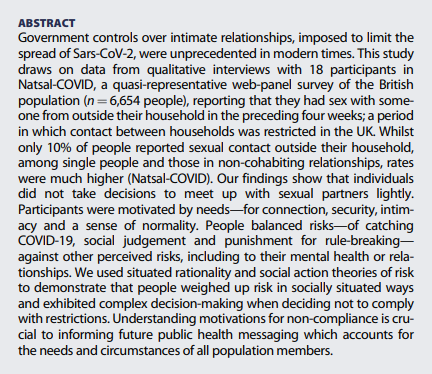 How did people navigate intimacy and sex during COVID-19 restrictions? 

Find out more in our new #NatsalCOVID paper out in <a href="/journal_chs/">Culture, Health and Sexuality</a> 

➡️tandfonline.com/doi/full/10.10…

#COVID19 #SexResearch