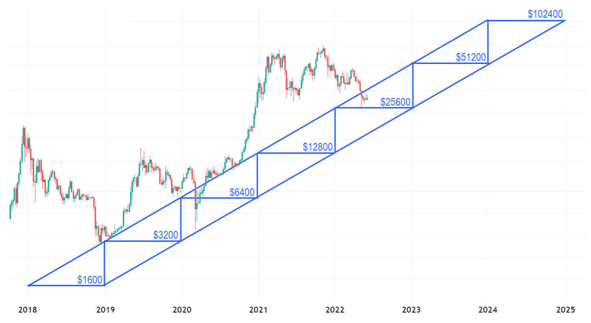 bitharington's tweet photo. The simple Bitcoin-2X-Every-Year pattern shows how Bitcoin was in a gigantic price bubble and is now back on track. This model will 100% fail eventually, but right now it's solid. Bitcoin $100000 before 2025 makes sense imo. https://t.co/KuVzDy06gS
