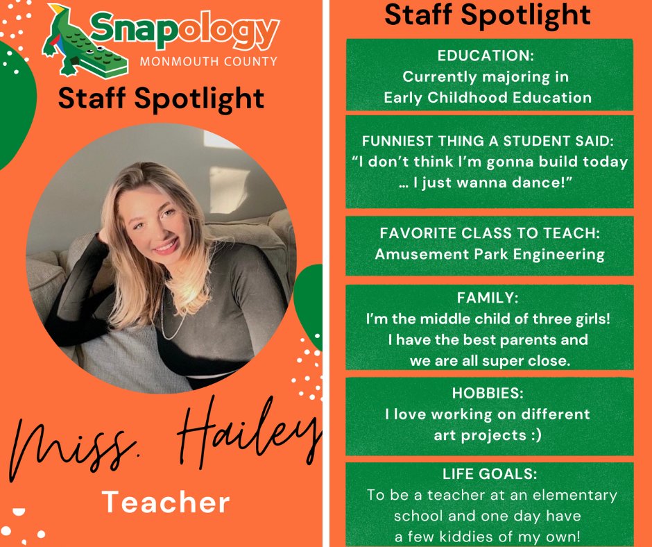 It's time for another Snapology Staff Spotlight...Meet Miss Hailey! Hailey is an amazing teacher who all of the kids adore. She is studying Early Childhood Education and has such a warm way of helping the kids build and learn. Thank you Hailey!