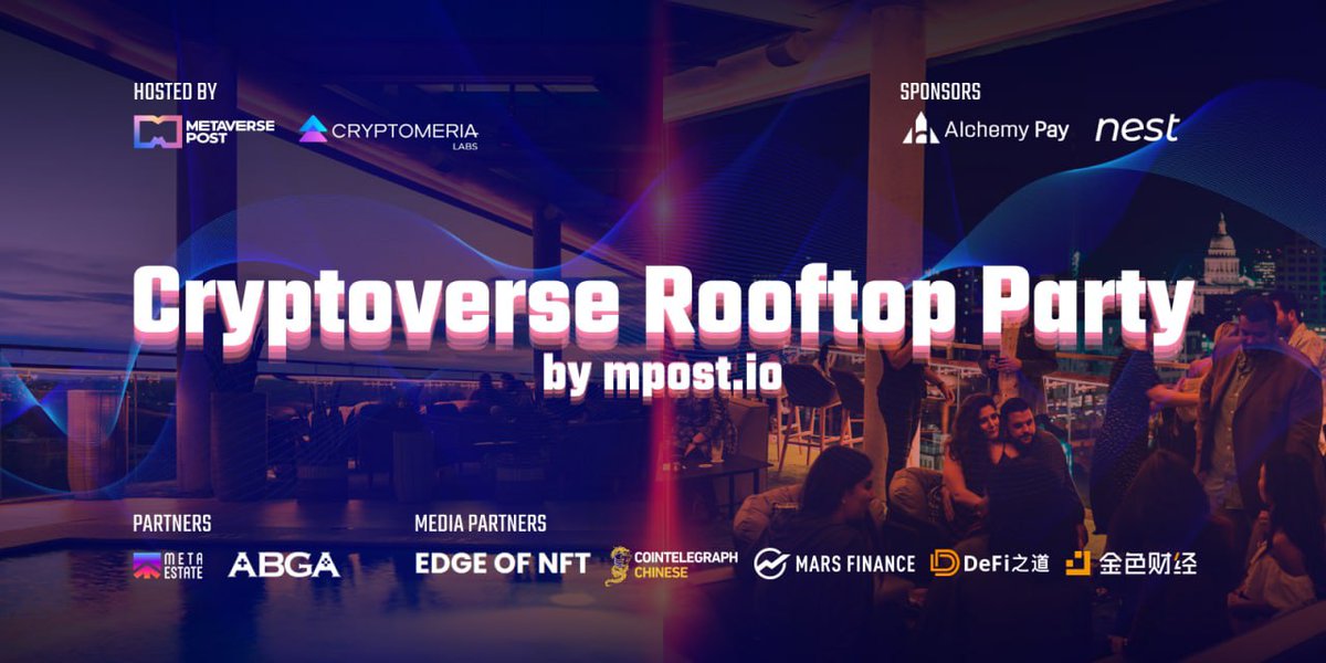 Are you excited about our rooftop party tonight? We sure are! 🔥

We are heavily oversubscribed, come on time 👀

And another round of kudos goes to our great sponsors: @nest_protocol &amp; <a href="/AlchemyPay/">Alchemy Pay|$ACH: Fiat-Crypto Payment Gateway</a> 

and partners: <a href="/CryptomeriaLabs/">Cryptomeria Labs</a>, @EdgeofNFT &amp; @CTChinaOfficial 

More below 👇