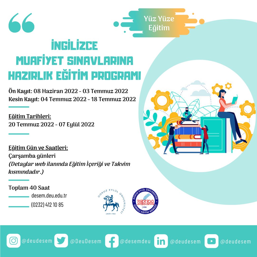 “İngilizce Muafiyet Sınavlarına Hazırlık Eğitim Programımız” için ön kayıtlar bugün başlıyor 📝
• • •
Detaylı bilgi 🌍 desem.deu.edu.tr ☎️ (0232) 412 10 85
• • •
#ingilizce #muafiyet #sınav #hazırlık #eğitim #program