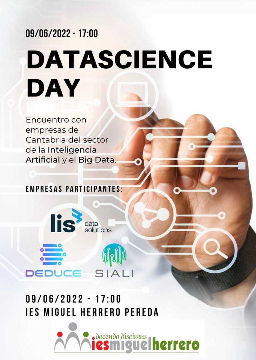 LIS Data Solutions (@lis_data_es) on Twitter photo Mañana estaremos en el #DataScienceDay del IES Miguel Herrero Pereda junto a <a href="/DeduceDS/">Deduce Data Solutions</a> y <a href="/siali/">Siali | Expertos en IA - Industria 4.0</a>.
El objetivo es acercar a los alumnos el sector de la #innovación, concretamente del #BigData y la #InteligenciaArtificial, para que conozcan sus potencialidades y salidas laborales. Mañana estaremos en el #DataScienceDay del IES Miguel Herrero Pereda junto a <a href="/DeduceDS/">Deduce Data Solutions</a> y <a href="/siali/">Siali | Expertos en IA - Industria 4.0</a>.
El objetivo es acercar a los alumnos el sector de la #innovación, concretamente del #BigData y la #InteligenciaArtificial, para que conozcan sus potencialidades y salidas laborales.
