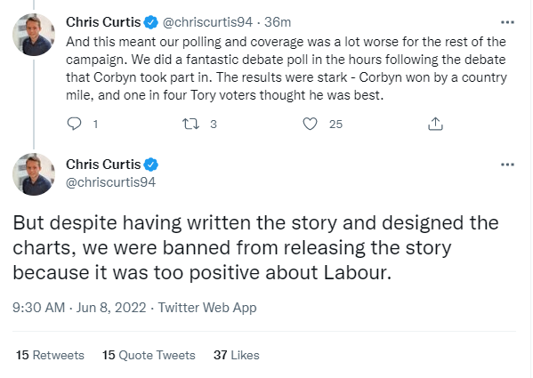 ShehabKhan's tweet photo. Really interestin thread from someone who worked for YouGov in 2017. 

Claims they were banned from releasing a story that Corbyn won a debate because "it was too positive for Labour". https://t.co/fr3ckDu7Zi
