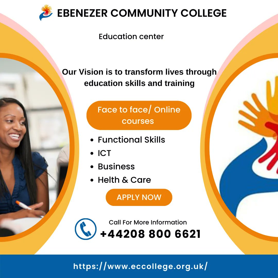 ECCTrainingLdn's tweet photo. At ECC, we pride ourselves on supporting all learners towards personal
and economic freedom. Our mission is to improve the quality of life of people
by making higher education accessible to all. 
APPLY NOW!! https://t.co/HQ70xNAwQL
#ecc #ebenezercollege #school #college https://t.co/Tc9ggZNhrF