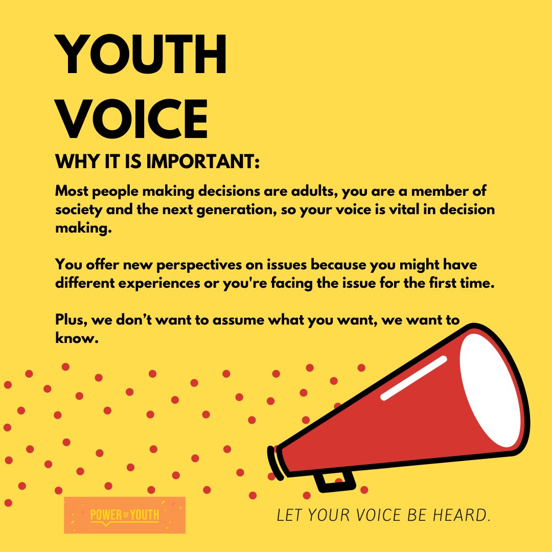 YOUTH VOICE

Understand why it is important and how you can use your voice!

#powerofyouth
#iwill