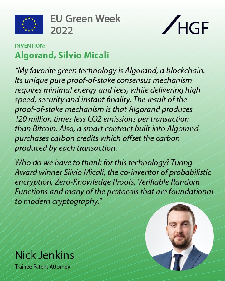 HGF_IP's tweet photo. #EUGreenWeek: Have you heard of Algorand? It’s a sustainable blockchain, which powers economic models of the future. Nick Jenkins chose it as his favourite #greeninvention. Find out why below👇

#Algorand #Blockchain #Sustainability #SustainableBlockchain #HGFEurope https://t.co/XNnjgoL0rV