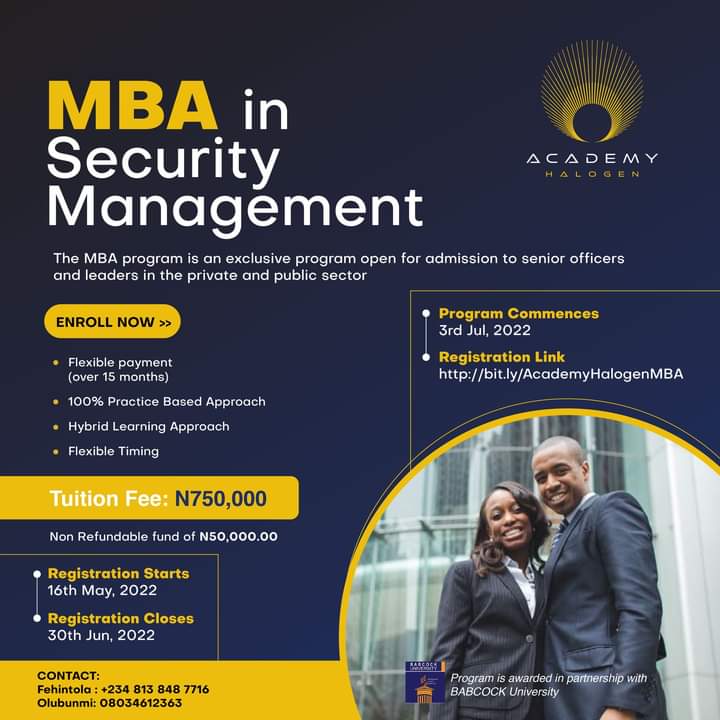 The MBA program is an exclusive program open for admission to senior officers and leaders in the private and public sector.

The program is awarded in partnership with Babcock university - 

Registration Closing Date: 30 June 2022

Click here to register: bit.ly/AcademyHalogen…