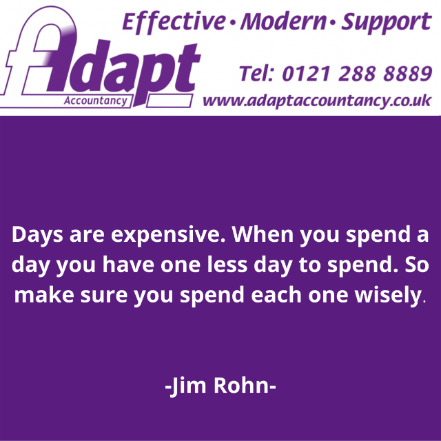 adapt123's tweet photo. Happy Wednesday everyone
Here is our quote of the day
Days are expensive.
When you spend a day you have one less day to spend.
So make sure you spend each day wisely.
-Jim Rohn-
#interstates #bankofengland #business #adaptaccountancy #businessgrowth #quotes #accountancy https://t.co/wtwf87tfwp
