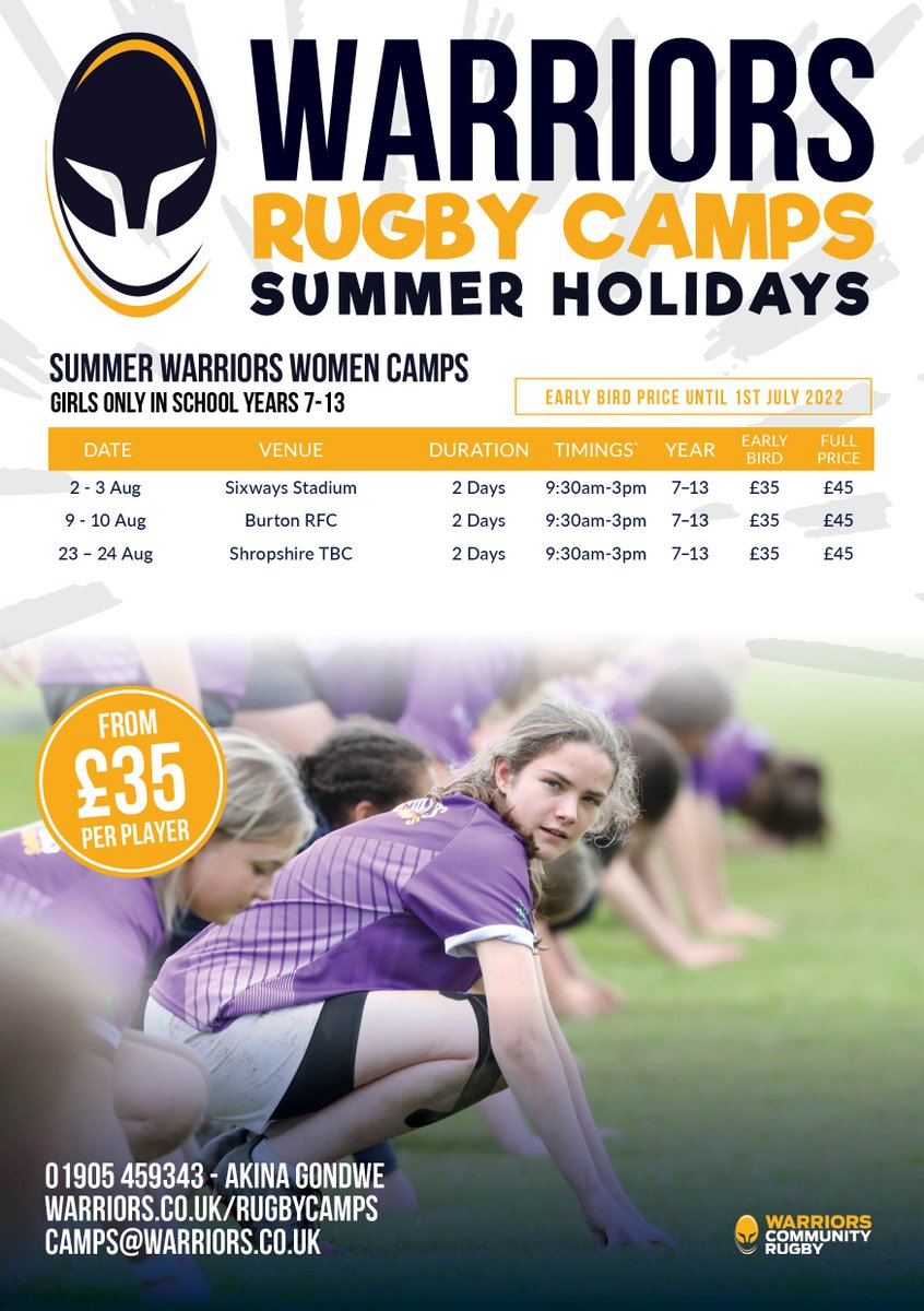 SUMMER CAMPS 📣

Here are our Rugby Camps for the Summer. The Early Bird Discount is currently running until the 1st July.

We can’t wait to see you all again over summer!!!

Book online NOW 🤩

#rugby #minisandjuniorsrugby #worcesterwarriors #warriorscommunity