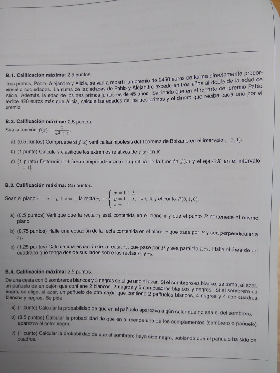 Examen de Evau en Madrid de Matemáticas II.