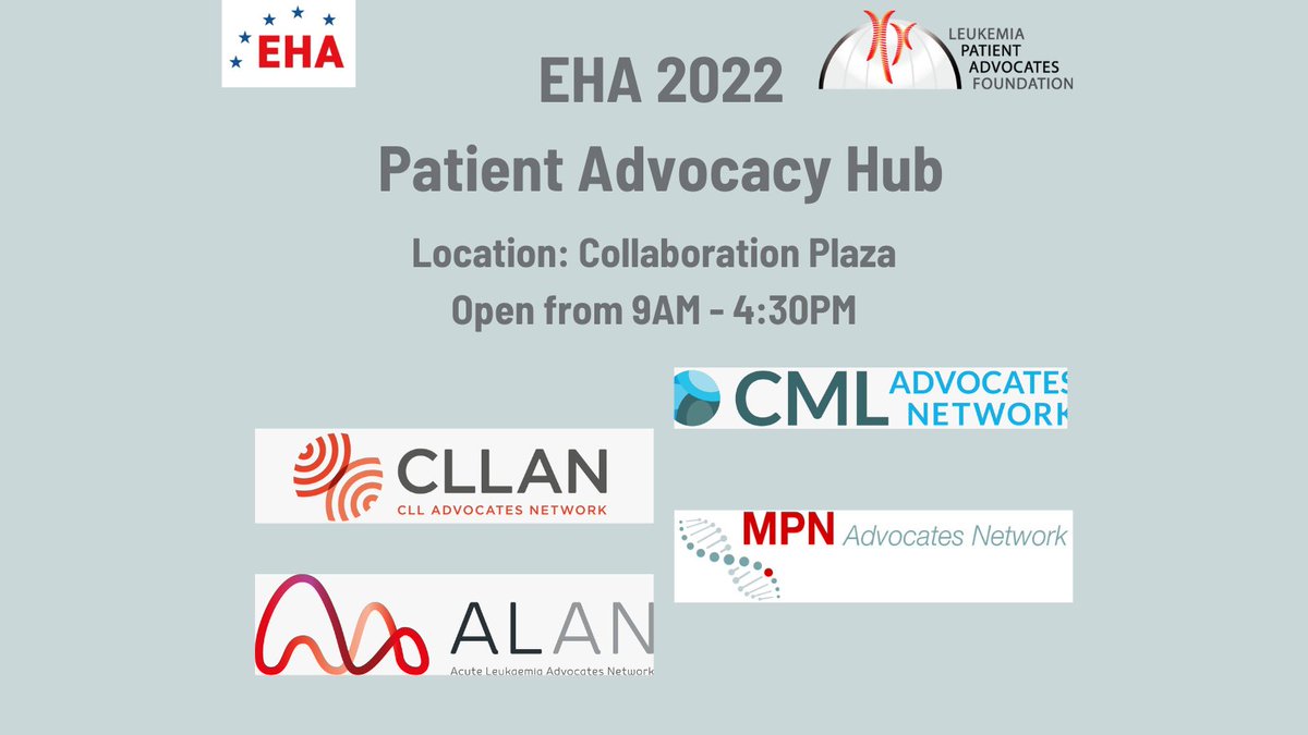 CLLAdvocates's tweet photo. 👉If you are attending #EHA2022, 
We will be located at the Collaboration Plaza from 9AM till 4:30PM.
Say hello to the #LePAF networks teams.
@cmlnet @CLLAdvocates @AcuteLeuk @GMPNAN https://t.co/bQSRYxeTvd https://t.co/4iydFlBEFb