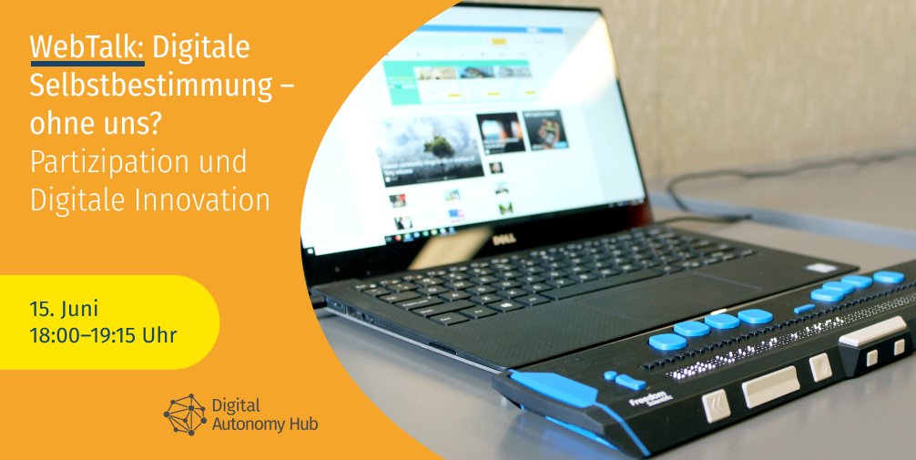 Für wen werden digitale Innovationen entwickelt – und für wen nicht? 💻🦽 Wie klappt partizipative Technikgestaltung? Dazu diskutieren am 15. Juni im #WebTalk des <a href="/DigiAutonomyHub/">Digital Autonomy Hub – Technik souverän nutzen</a> Adina Hermann, 
<a href="/HeikoKunert/">Heiko Kunert</a> @clmbirn und <a href="/bherlo/">Bianca Herlo (@bherlo@mastodon.social)</a>.
 
Jetzt anmelden!👇
meetgi.zoom.us/webinar/regist…