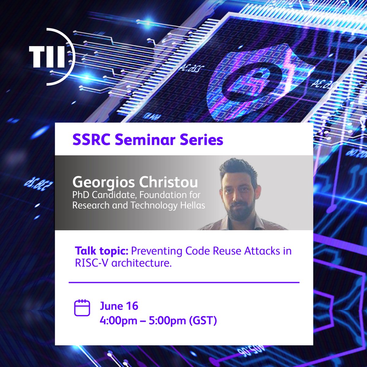 TIIuae's tweet image. In his talk, Georgios Christou will discuss how Control-Flow Integrity (CFI) is employed as a popular technique in defending against cutting-edge exploits.
Register online now to attend the seminar: bit.ly/3xwI2wg  
#TII #research #controlflow #tech #innovation