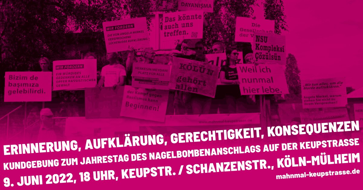 nsuwatch's tweet photo. "Erinnerung, Aufklärung, Gerechtigkeit, Konsequenzen"! Morgen wird in #Köln an den rassistischen Nagelbombenanschlag des #NSU auf die Keupstrasse erinnert. Los geht es um 18:00. Kommt vorbei! https://t.co/4azeX3vydS