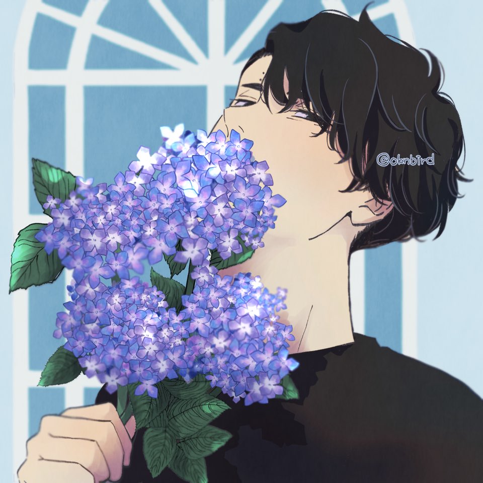 flower 1boy male focus solo black hair holding black shirt  illustration images