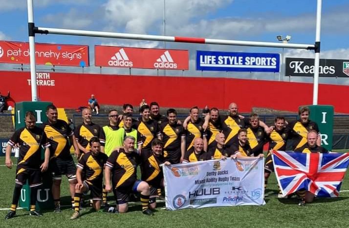 DerbysFreemason's tweet photo. 🏉The International Mixed Ability #Rugby Tournament is under way in Cork this week and #Derbyshire  #Freemasons couldn't be prouder to support the #Derby Bucks at the event.
Our PGM Steven Varley has travelled over to Ireland to support them at this incredible event 🏉🏉🏉👍 https://t.co/2eovTI1KO5
