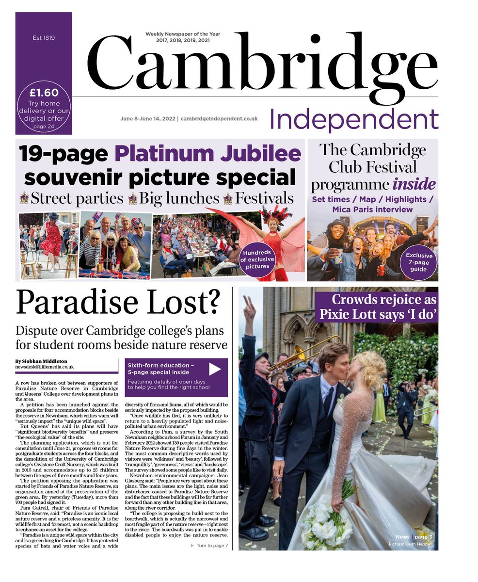 It's a souvenir edition of <a href="/CambridgeIndy/">Cambridge Independent</a> with 19-page #Jubilee picture supp, packed with street parties &amp; celebrations. Plus: it's the only place to get <a href="/cambridgeclubuk/">The Cambridge Club Festival</a> festival programme. Also: debate in Newnham over college plans, <a href="/PixieLott/">Pixie Lott</a> wedding &amp; shuttle bus