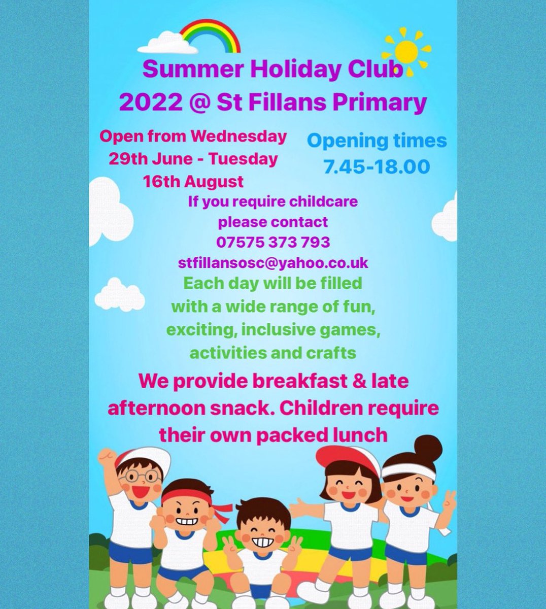 our_osc's tweet photo. ☀️ Summer Club @StFillansPS ☀️ spaces available.  All children welcome @CarmunnockPS  @MerryleePS  @AfterthebellO  @KingsparkP @MountFloridaPri . August P1s able too attend too 😁 please contact for more information. #play #schoolagedchildcare #glasgow #outofschoolcare https://t.co/25uYahlWpq