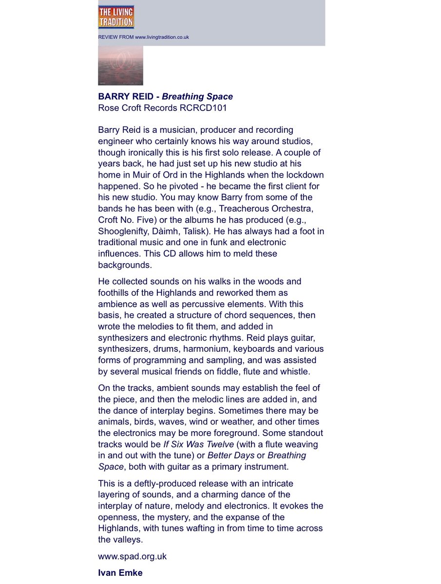 Big thanks to The Living Tradition Magazine and Ivan Emke for this excellent review of Breathing Space!

‘This is a deftly-produced release with an intricate
layering of sounds, and a charming dance of the
interplay of nature, melody and electronics’

Buy album: Link in bio