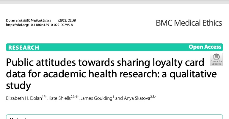 My first paper published!!😃 Read my latest #research on public attitudes to using loyalty card data for #Health research, published with <a href="/SpringerNature/">Springer Nature</a> in <a href="/BioMedCentral/">BMC</a> Click this link: rdcu.be/cPbMG