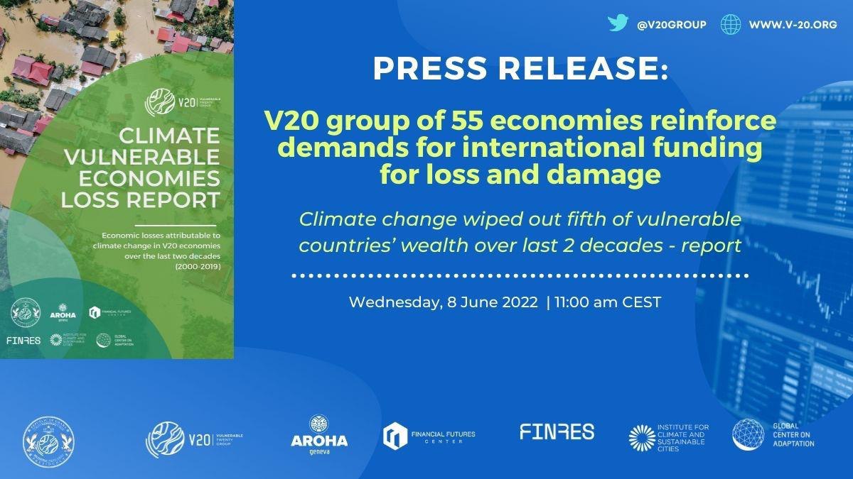 V20 group of 55 economies reinforce demands for international funding for loss and damage; climate change wiped out fifth of vulnerable countries’ wealth over last 2 decades - report v-20.org/our-voice/news… #SB56 #LossAndDamage