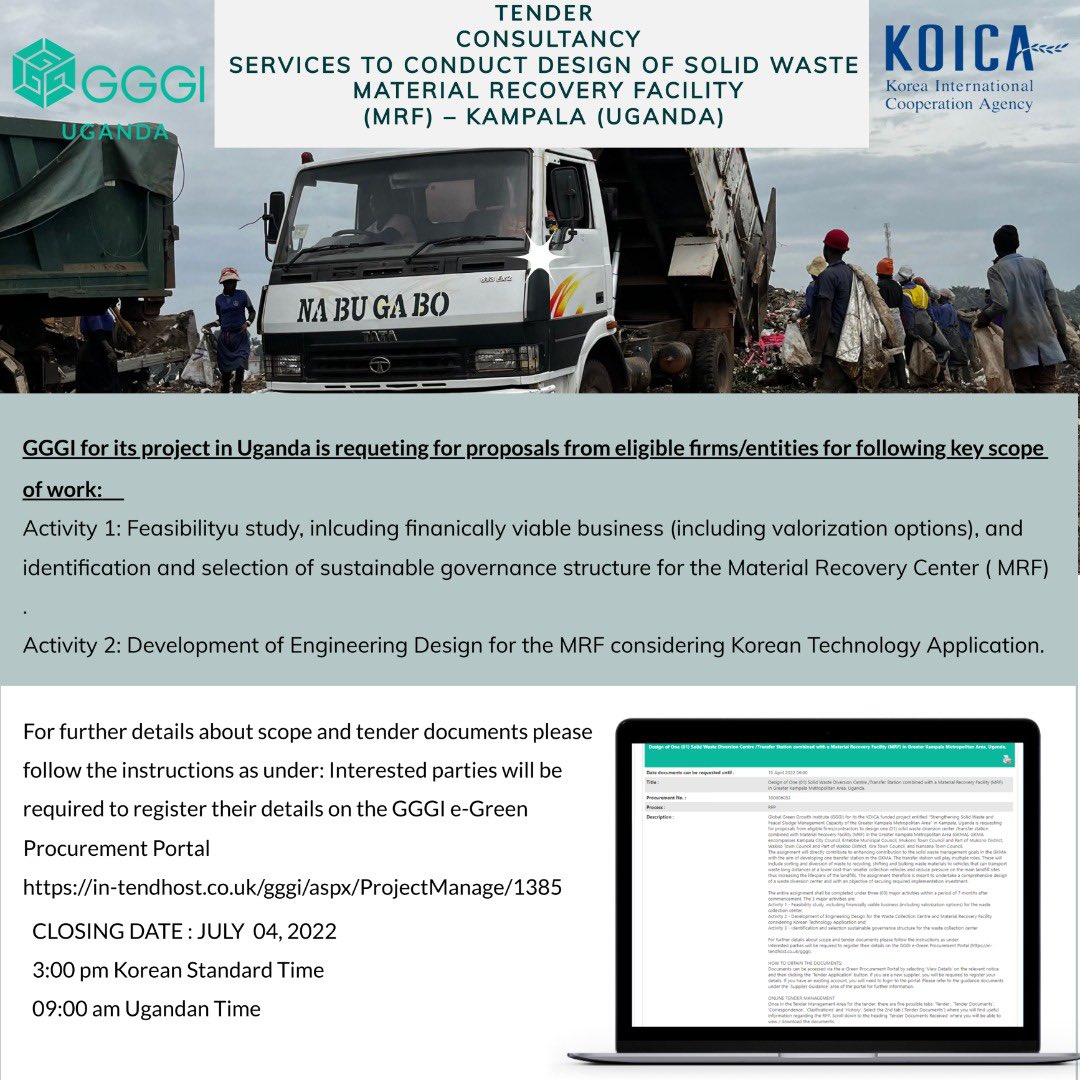 GGGI Uganda is looking for a consultancy firm for following scope of services. Please circulate among interested entities and firms.         in-tendhost.co.uk/gggi/aspx/Proj…