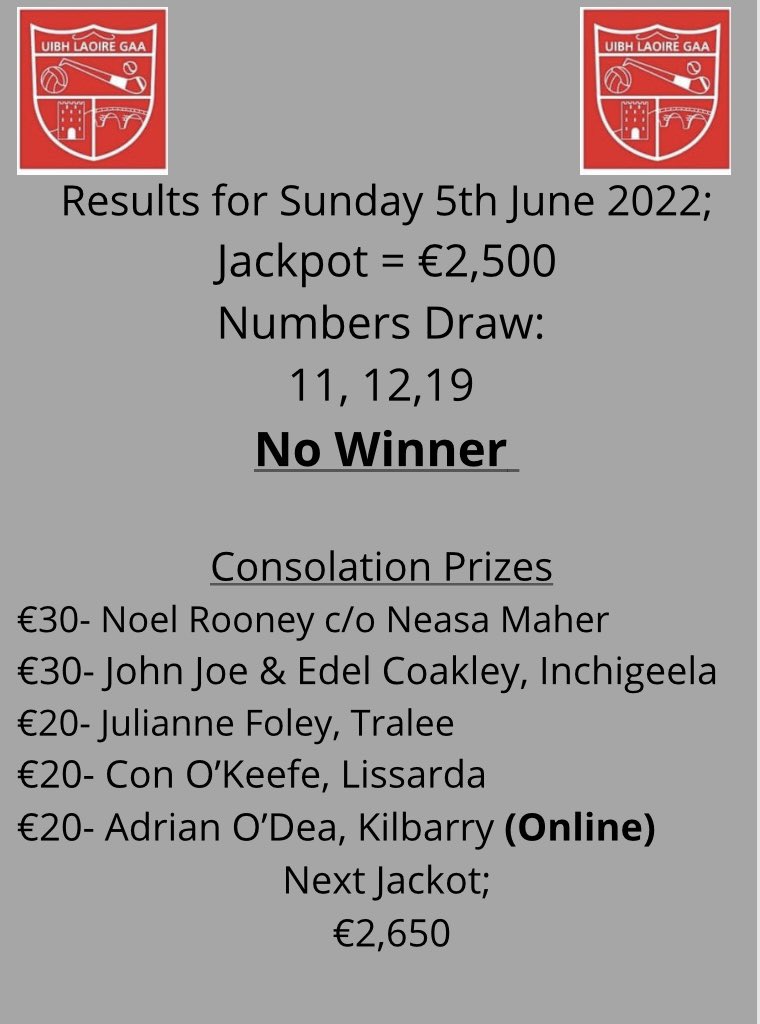 UibhLaoireGAA's tweet photo. This weeks Lotto Results! 

You can buy your ticket for next weeks Lotto from the link below 👇🏻

https://t.co/VgDF55BgmX https://t.co/vchCtI6Hbs